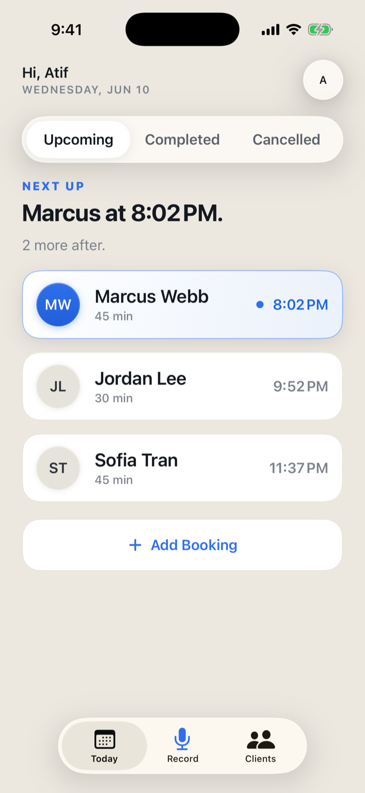 Patron home screen showing today's bookings